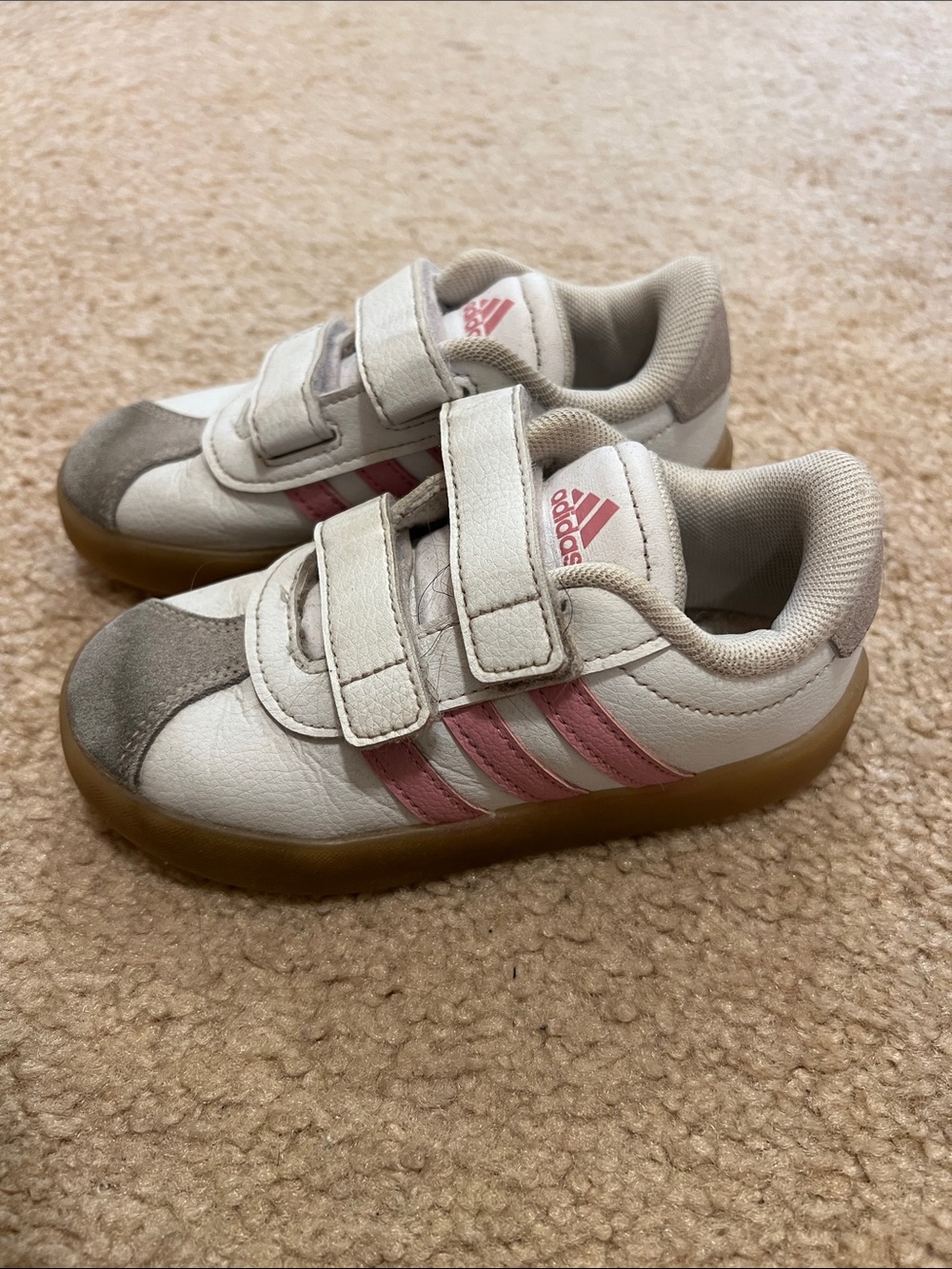 adidas Kids White & Pink Velcro Sneakers with Gum Sole